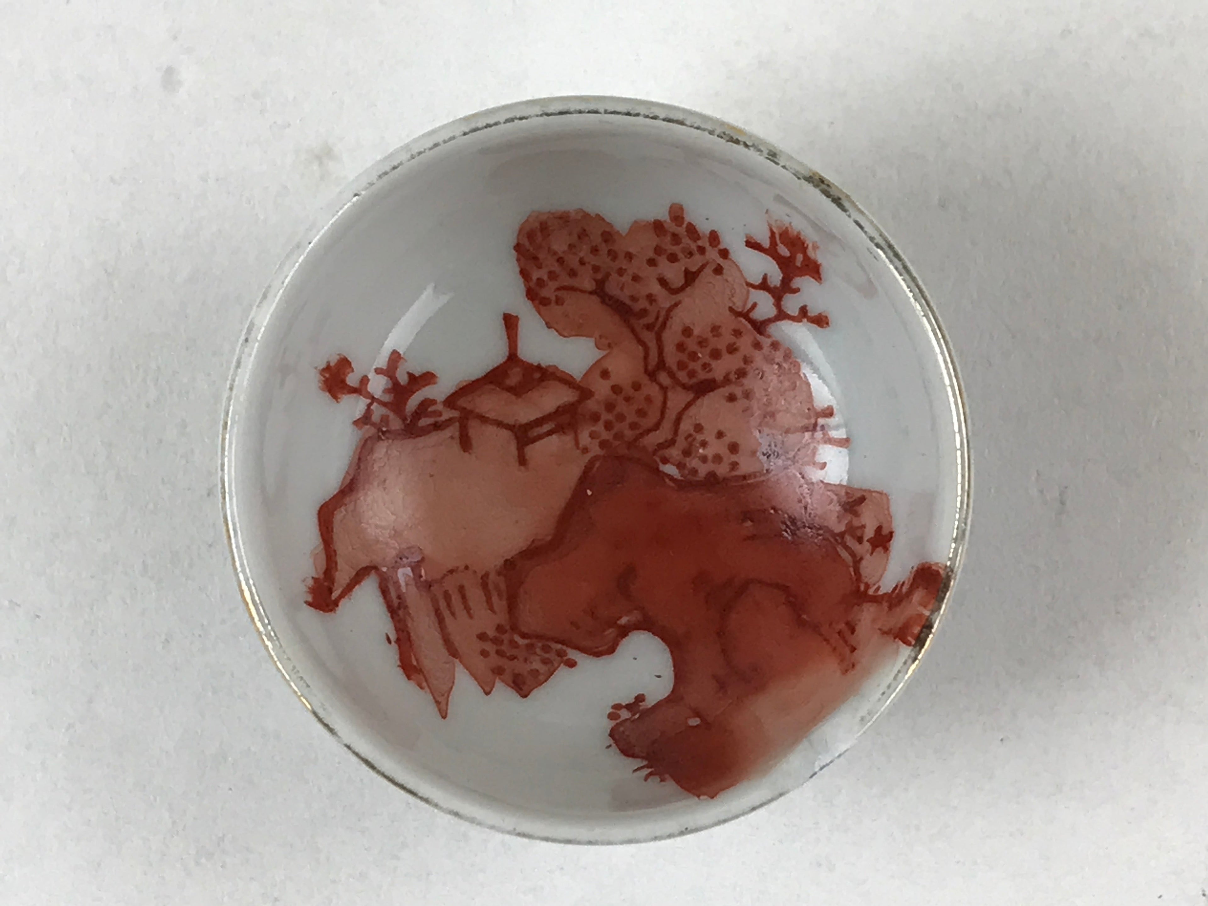 Japanese Kutani Ware Porcelain Sake Cup Vtg Tsubomi Ochoko Red Temple Blue G107