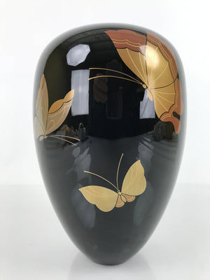 Japanese Lacquer Flower Vase Vtg Ikebana Kabin Butterflies Black Wood Box PX723