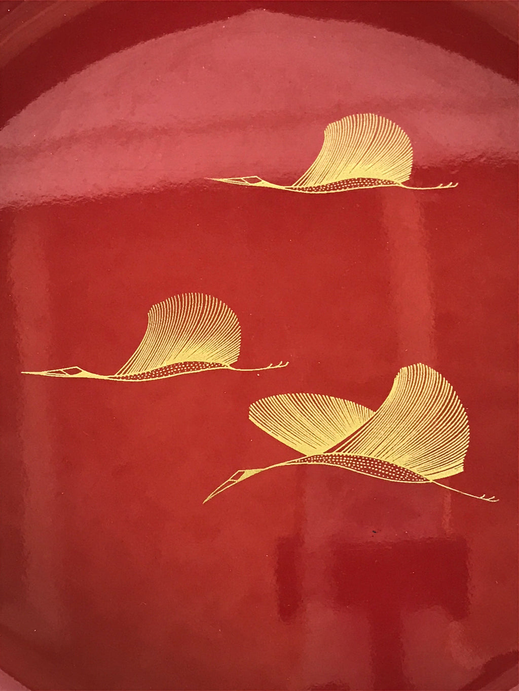 Japanese Lacquer Imitation Round Serving Plate Vtg Red Black Gold Cranes L32