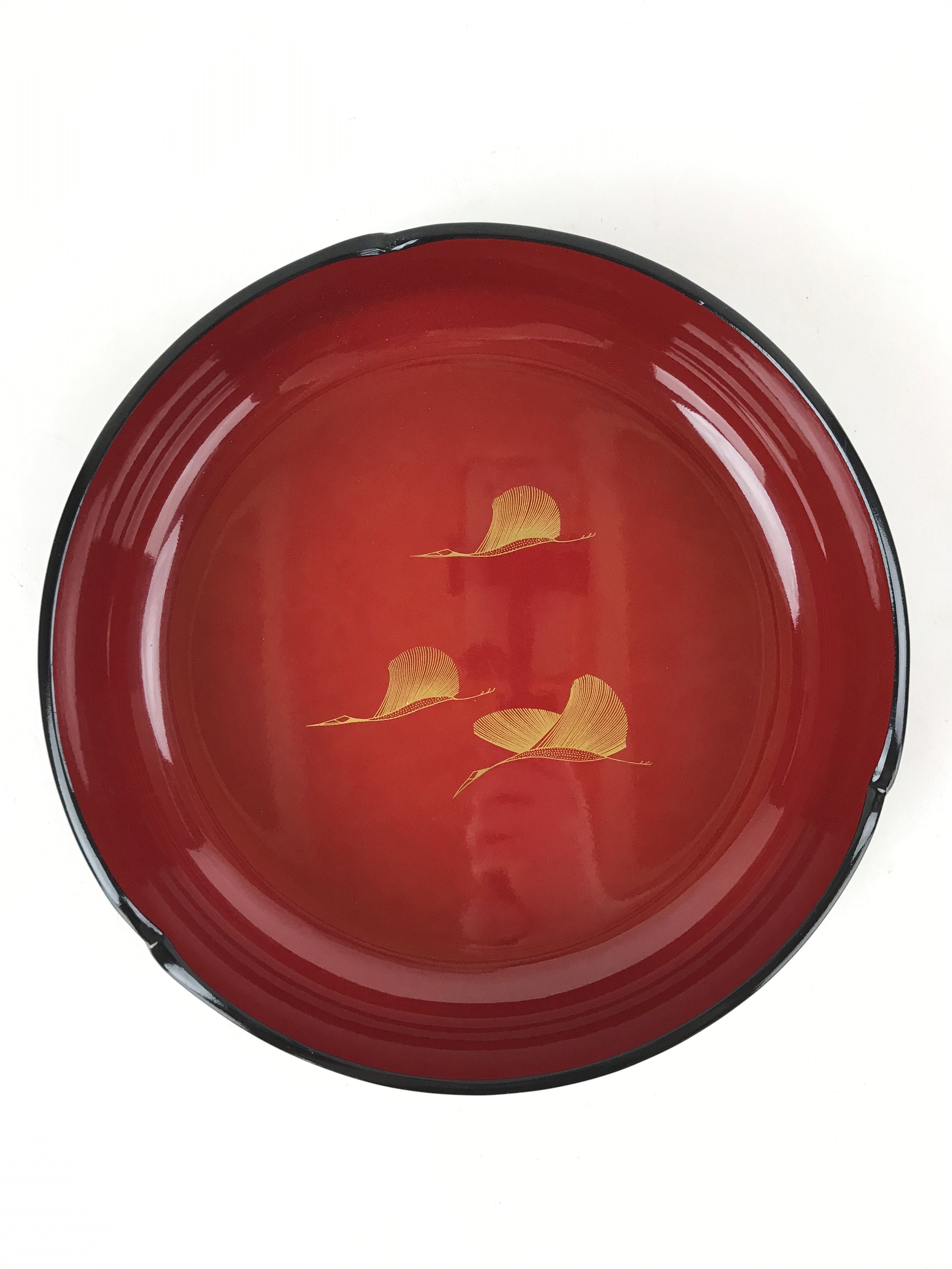 Japanese Lacquer Imitation Round Serving Plate Vtg Red Black Gold Cranes L32
