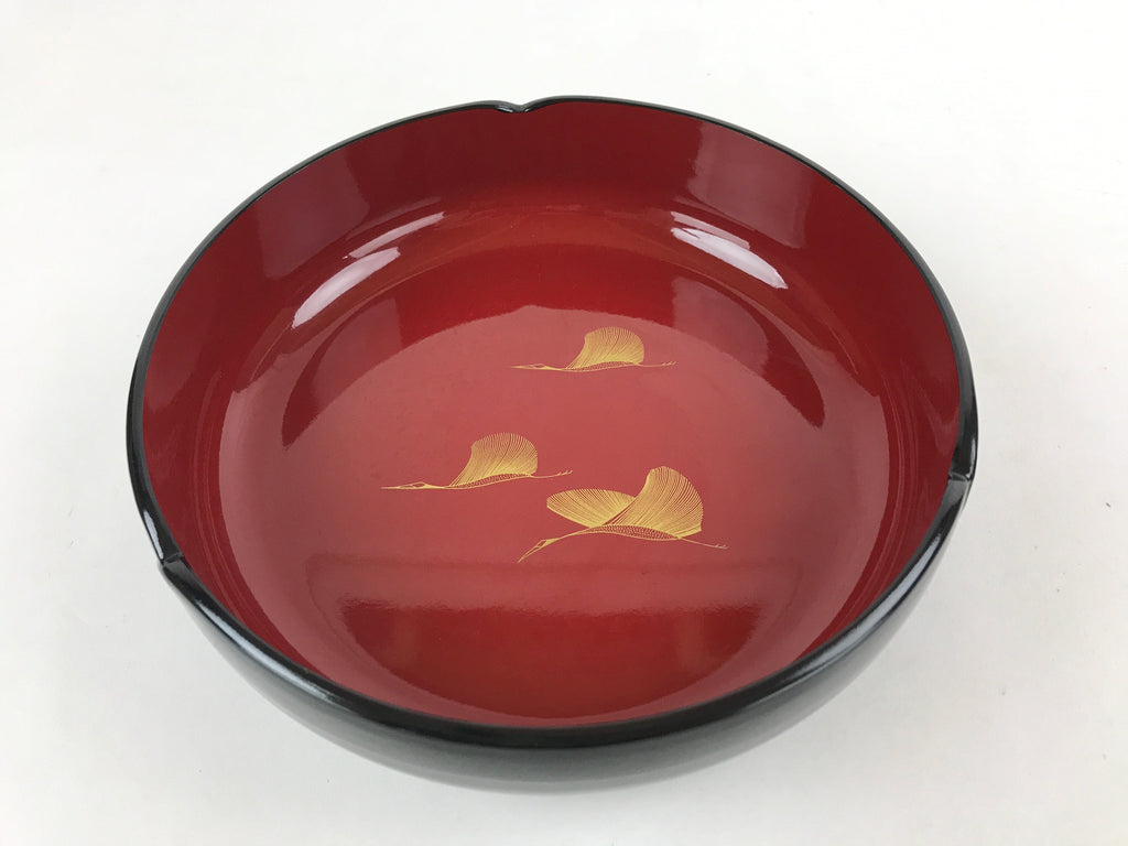 Japanese Lacquer Imitation Round Serving Plate Vtg Red Black Gold Cranes L32
