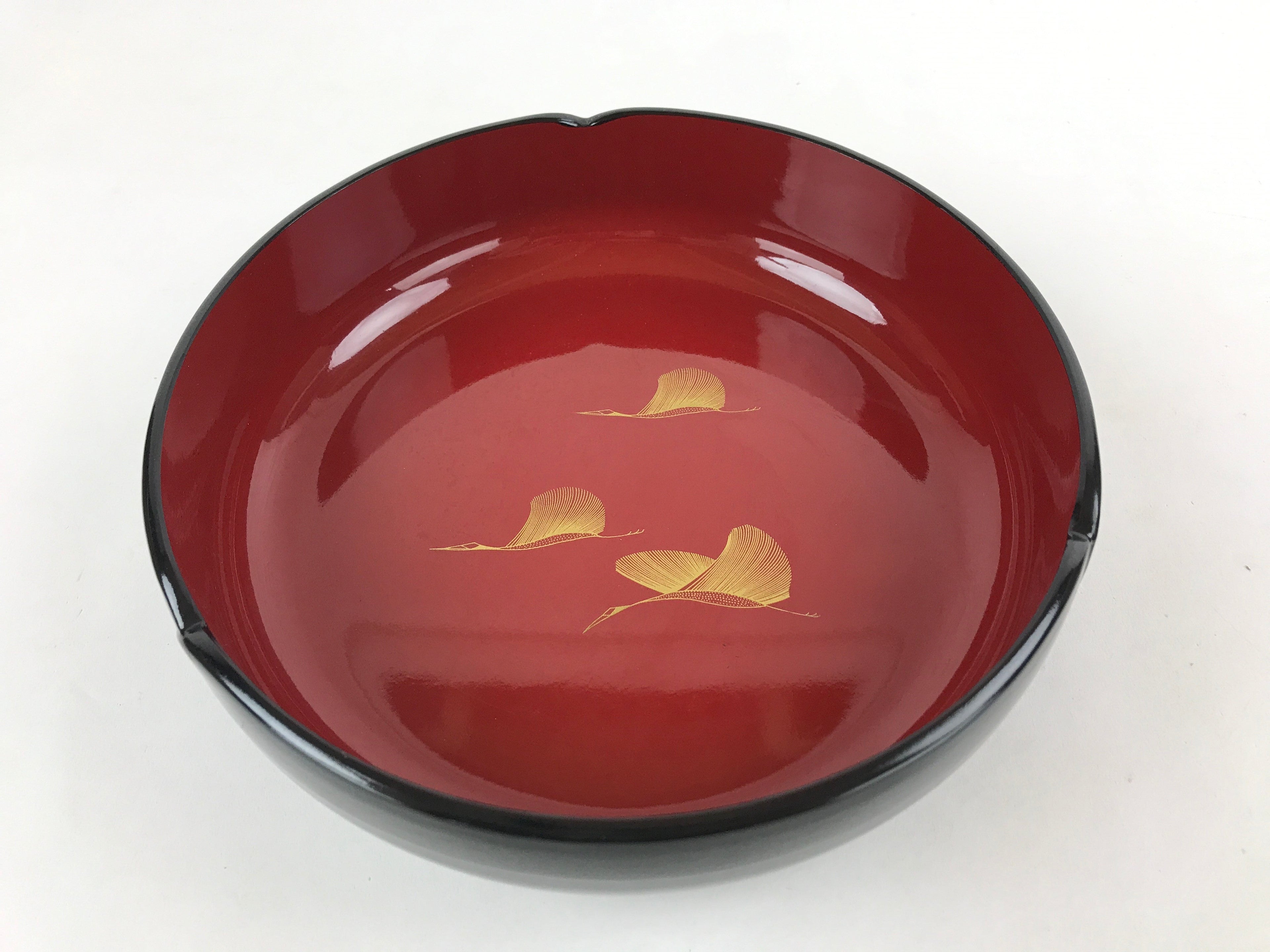 Japanese Lacquer Imitation Round Serving Plate Vtg Red Black Gold Cranes L32