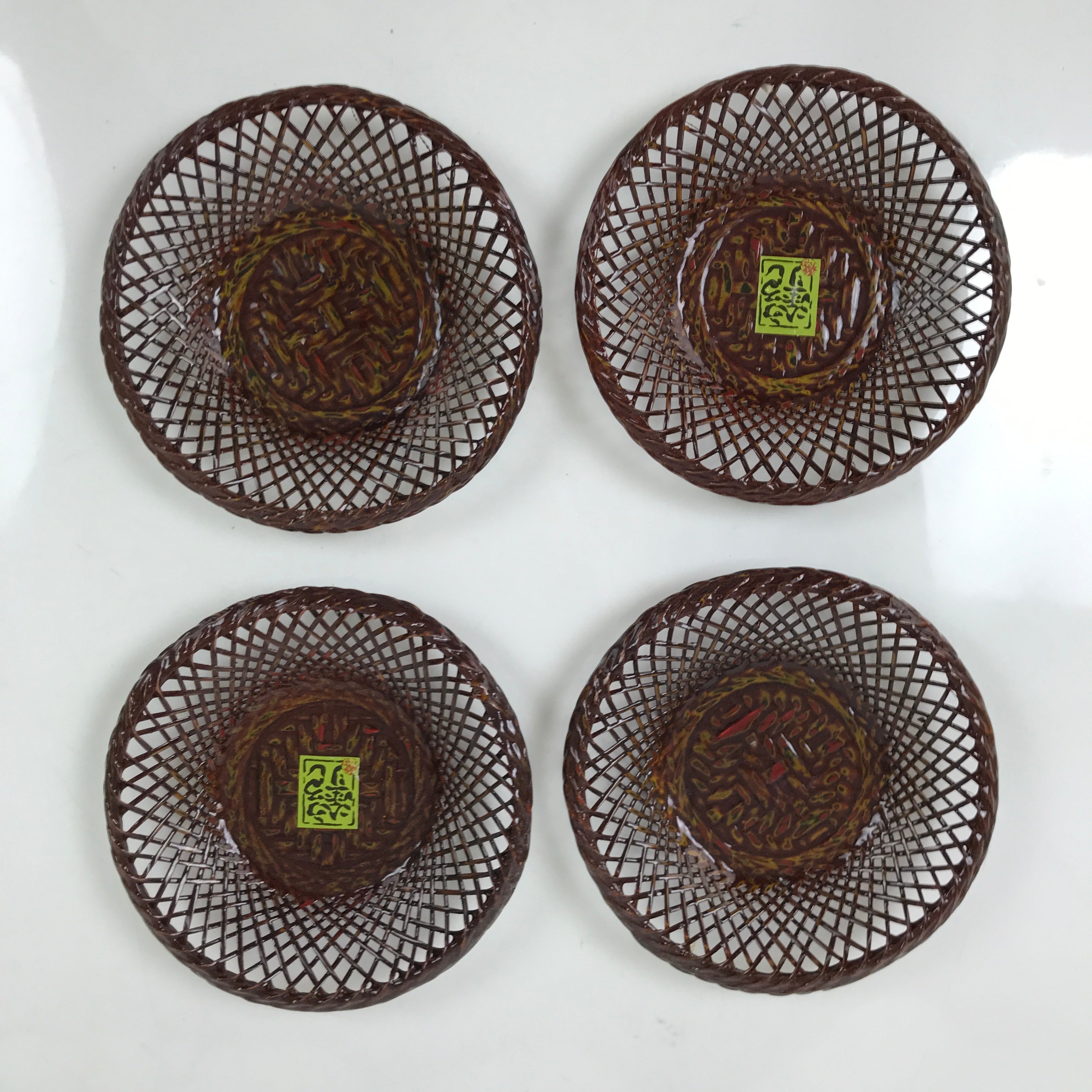 Japanese Lacquer Rantai Bamboo Drink Saucers Vtg Chataku Coaster 5pc Brown L377