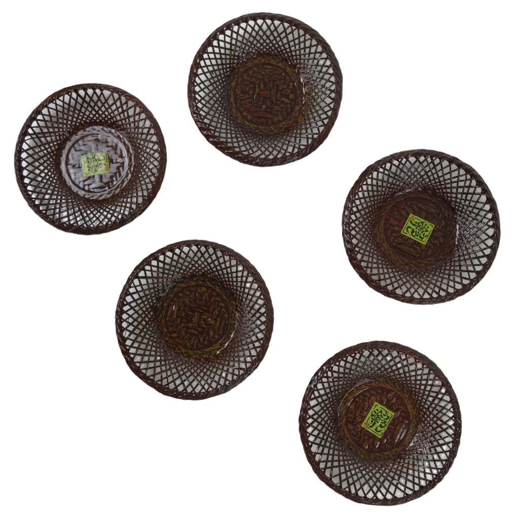 Japanese Lacquer Rantai Bamboo Drink Saucers Vtg Chataku Coaster 5pc Brown L377