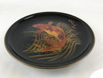 Japanese Lacquer Replica Large Serving Tray Vtg Koi Carp Obon Black Round L14