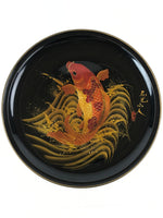 Japanese Lacquer Replica Large Serving Tray Vtg Koi Carp Obon Black Round L14