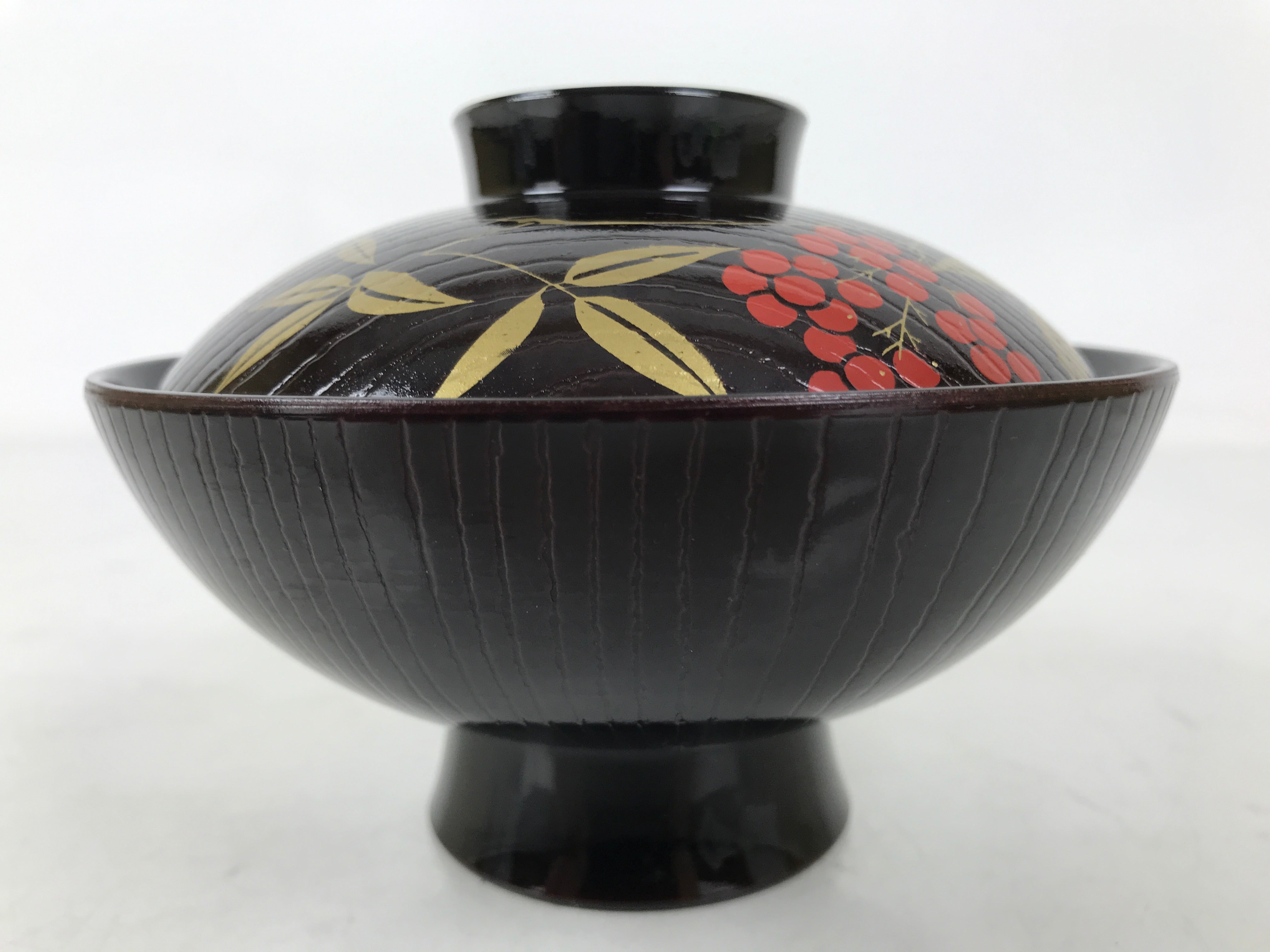 Japanese Lacquer Replica Resin Lidded Rice Bowl Owan Vtg Nanten Brown Gold LB164