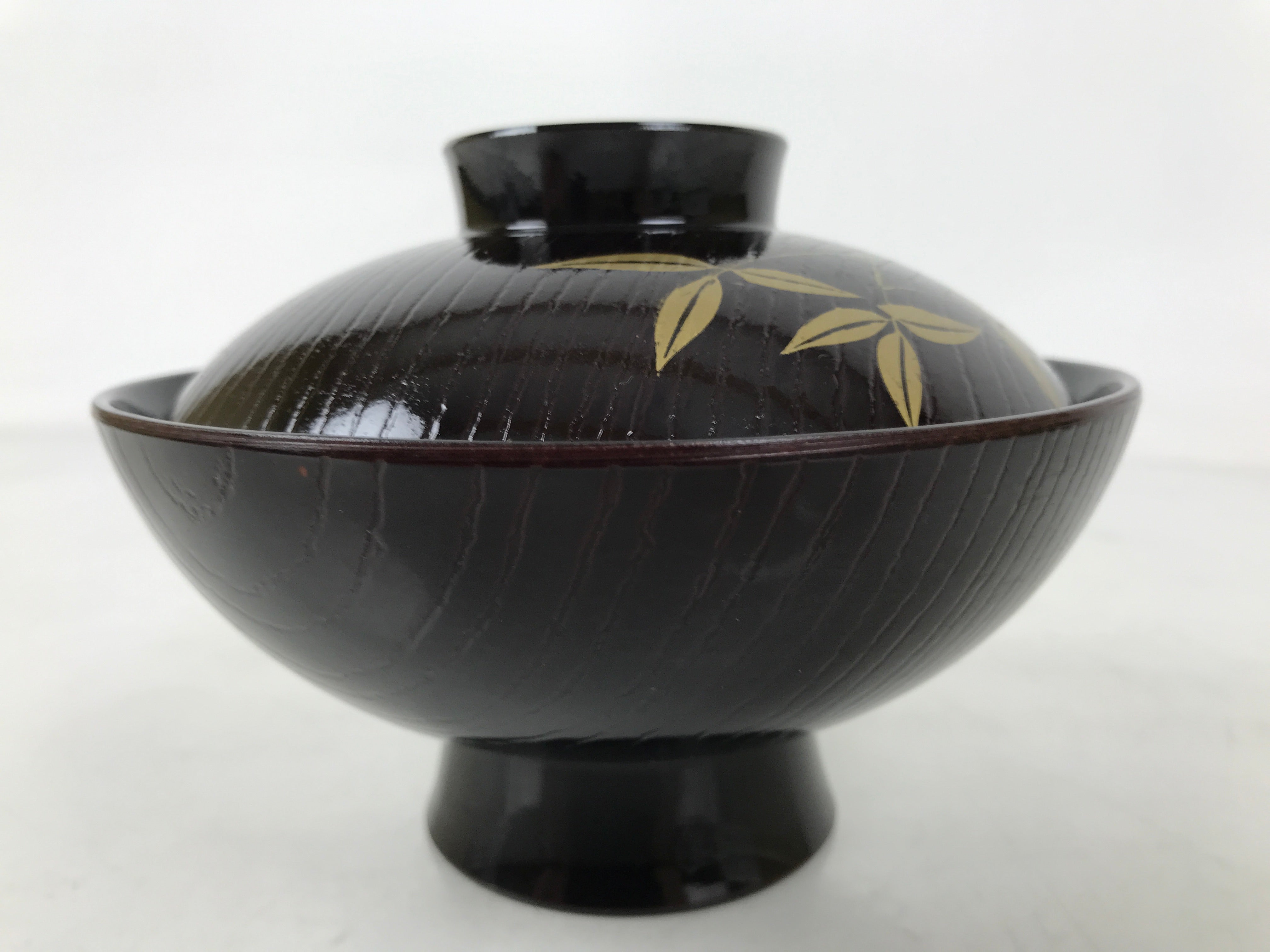 Japanese Lacquer Replica Resin Lidded Rice Bowl Owan Vtg Nanten Brown Gold LB164