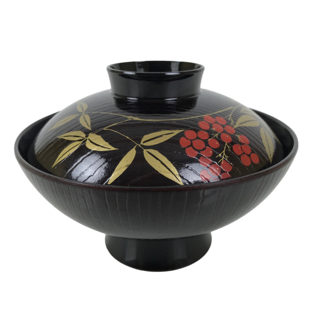 Japanese Lacquer Replica Resin Lidded Rice Bowl Owan Vtg Nanten Brown Gold LB164