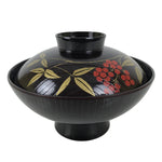 Japanese Lacquer Replica Resin Lidded Rice Bowl Owan Vtg Nanten Brown Gold LB164