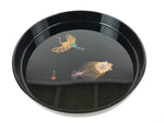 Japanese Lacquer Replica Round Serving Tray Vtg Flying Crane Black Resin L26