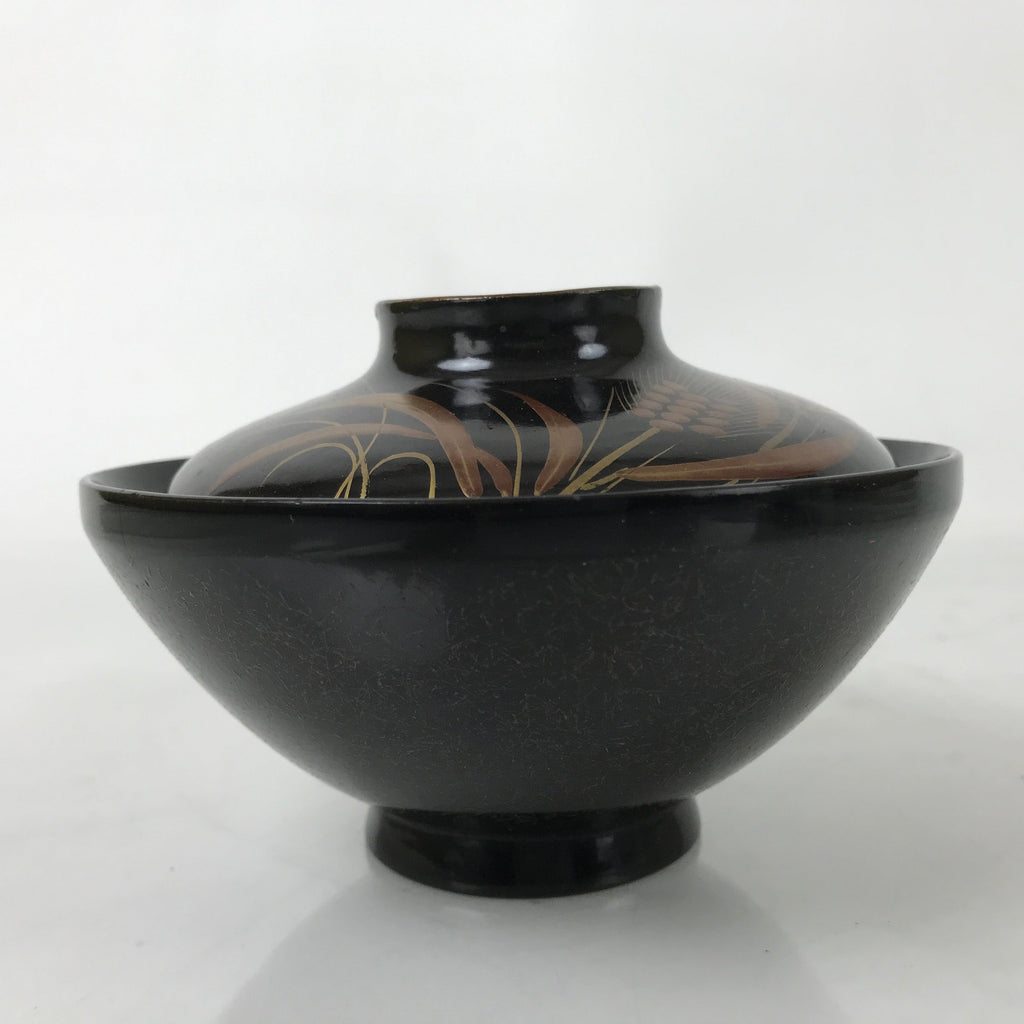 Japanese Lacquer Wood Lidded Bowl Nimonowan Vtg Makie Bird Black Gold LB122