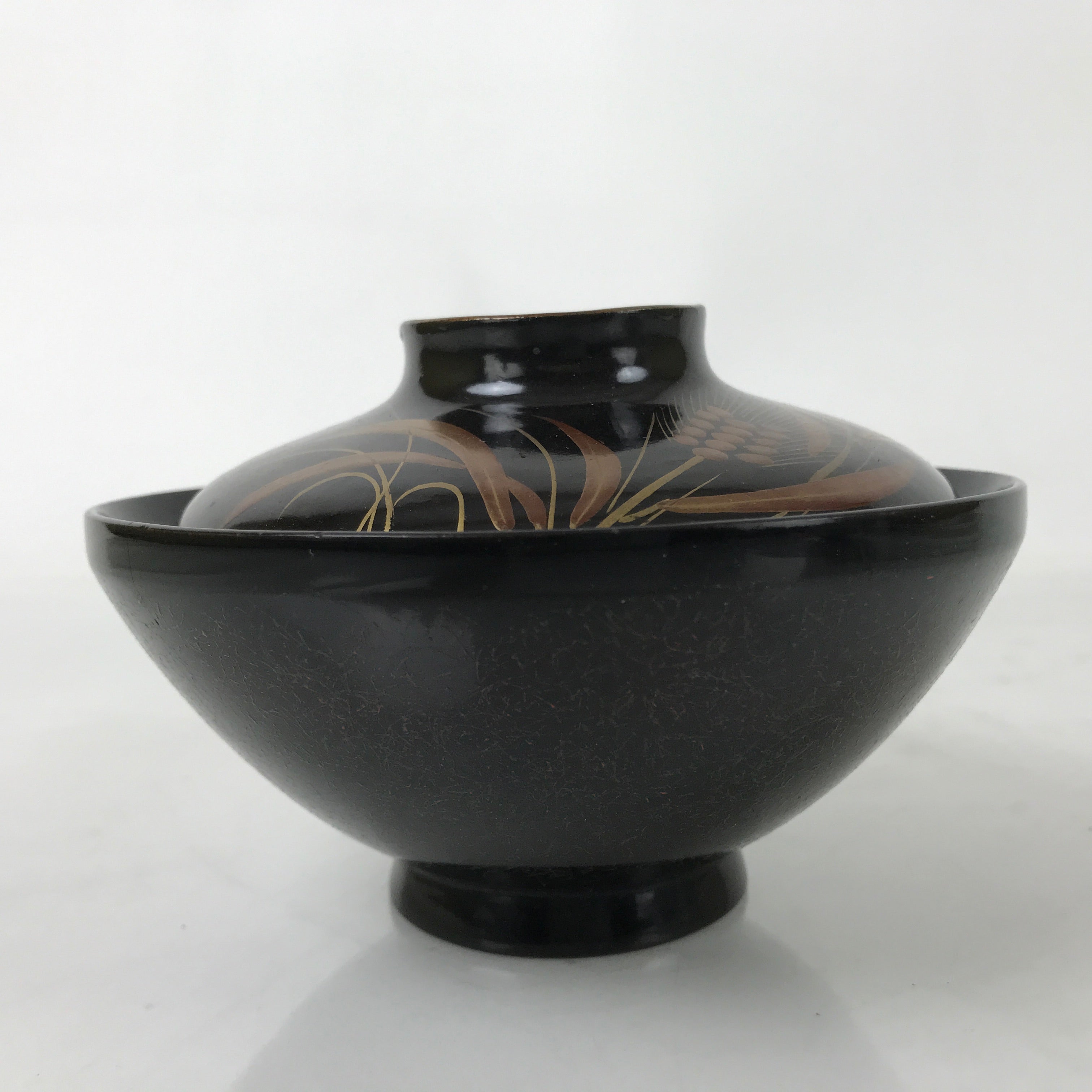 Japanese Lacquer Wood Lidded Bowl Nimonowan Vtg Makie Bird Black Gold LB122