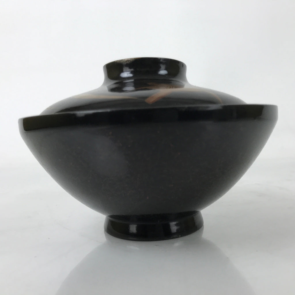 Japanese Lacquer Wood Lidded Bowl Nimonowan Vtg Makie Bird Black Gold LB122