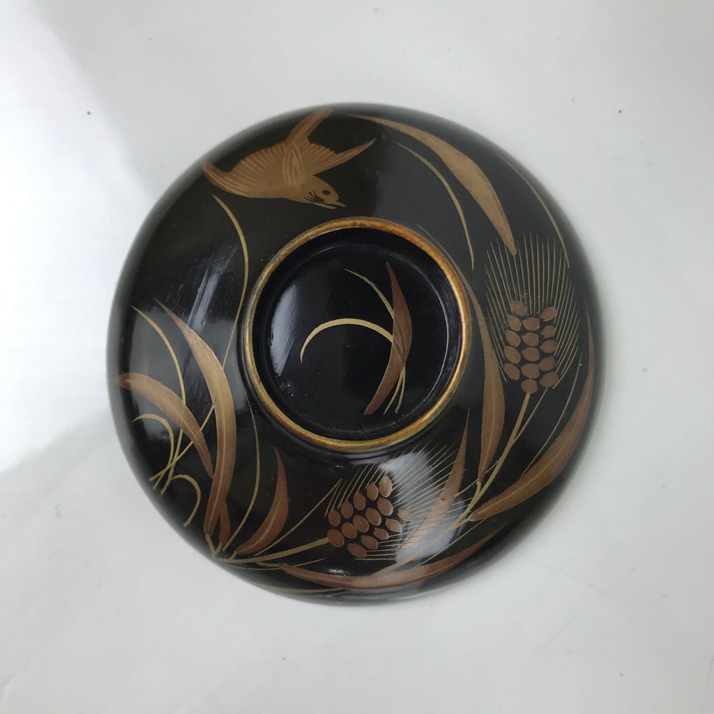Japanese Lacquer Wood Lidded Bowl Nimonowan Vtg Makie Bird Black Gold LB122