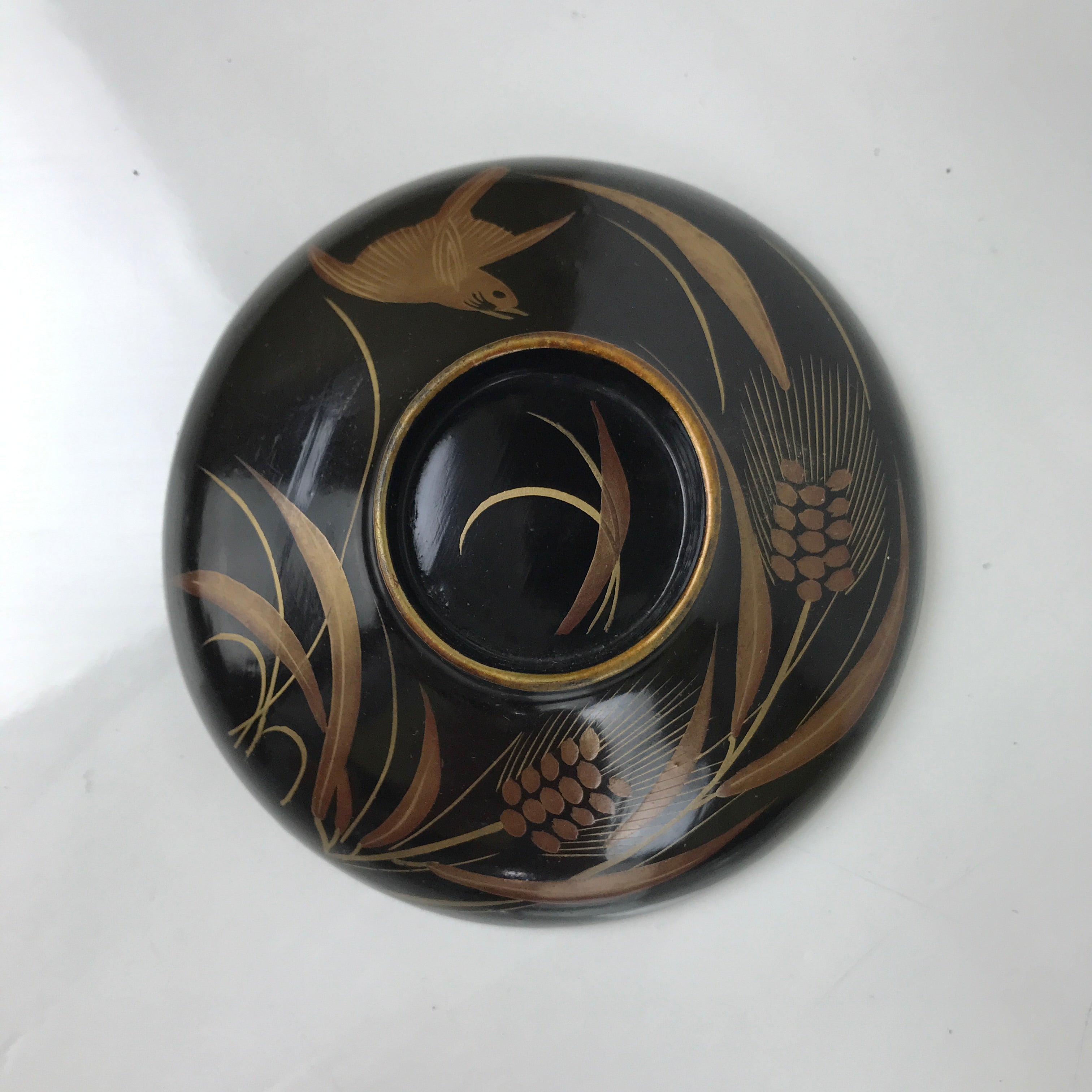 Japanese Lacquer Wood Lidded Bowl Nimonowan Vtg Makie Bird Black Gold LB122