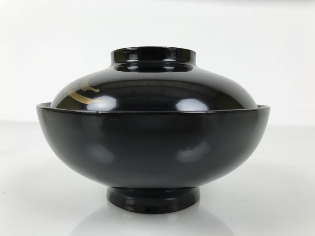 Japanese Lacquer Wood Lidded Bowl Owan Vtg Makie Black Gold Pinecone Needle LB17