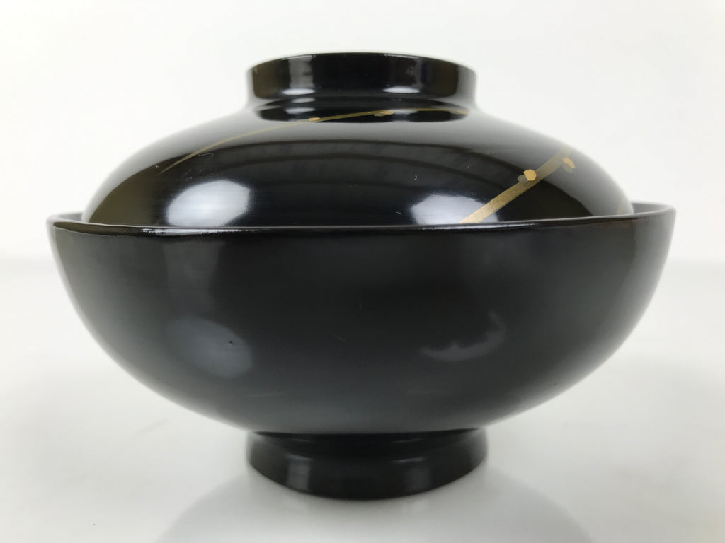 Japanese Lacquer Wood Lidded Bowl Owan Vtg Makie Black Gold Pinecone Needle LB17