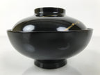 Japanese Lacquer Wood Lidded Bowl Owan Vtg Makie Black Gold Pinecone Needle LB17