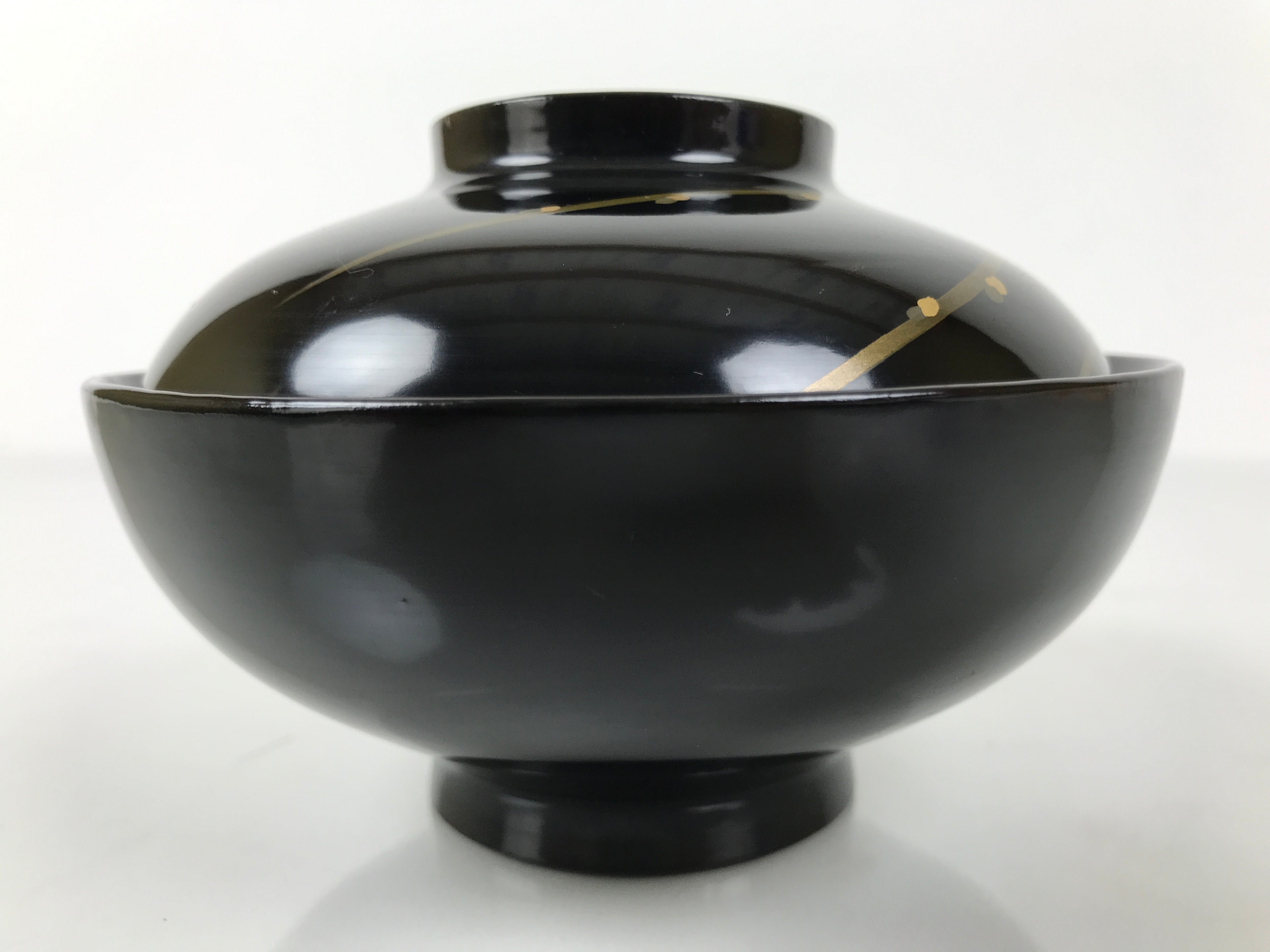 Japanese Lacquer Wood Lidded Bowl Owan Vtg Makie Black Gold Pinecone Needle LB17