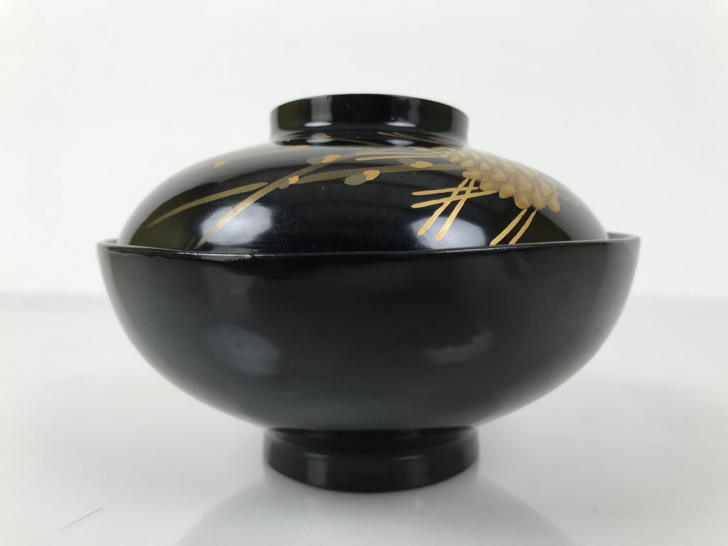 Japanese Lacquer Wood Lidded Bowl Owan Vtg Makie Black Gold Pinecone Needle LB17