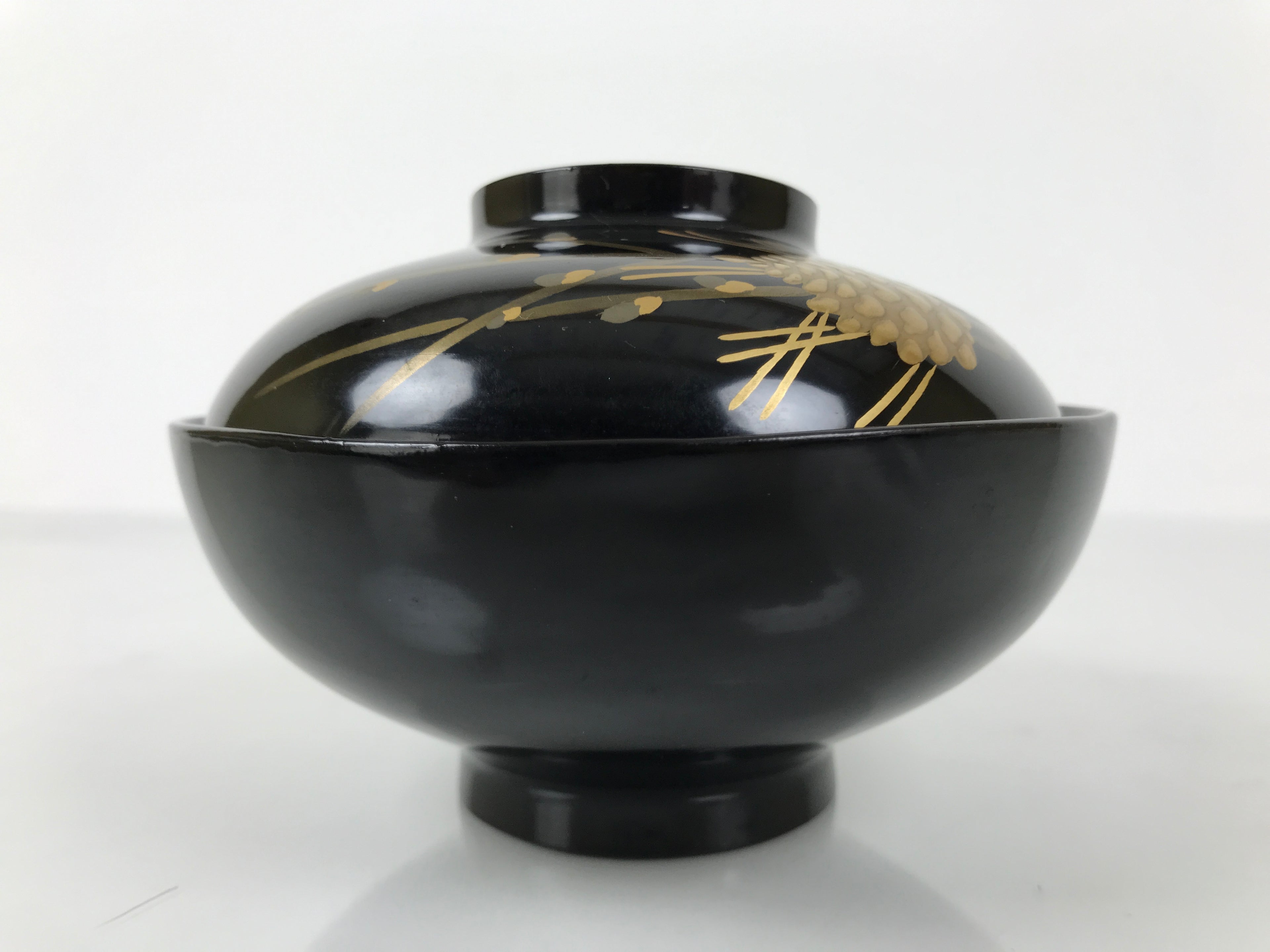 Japanese Lacquer Wood Lidded Bowl Owan Vtg Makie Black Gold Pinecone Needle LB17