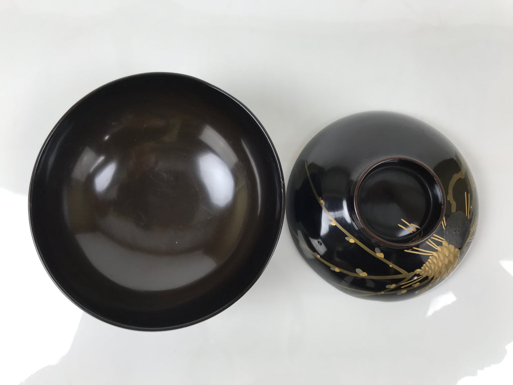 Japanese Lacquer Wood Lidded Bowl Owan Vtg Makie Black Gold Pinecone Needle LB17