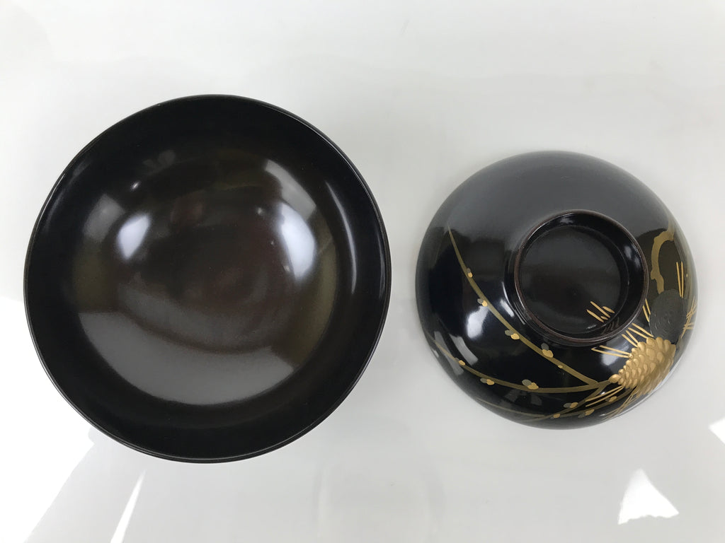 Japanese Lacquer Wood Lidded Bowl Owan Vtg Makie Black Gold Pinecone Needle LB17