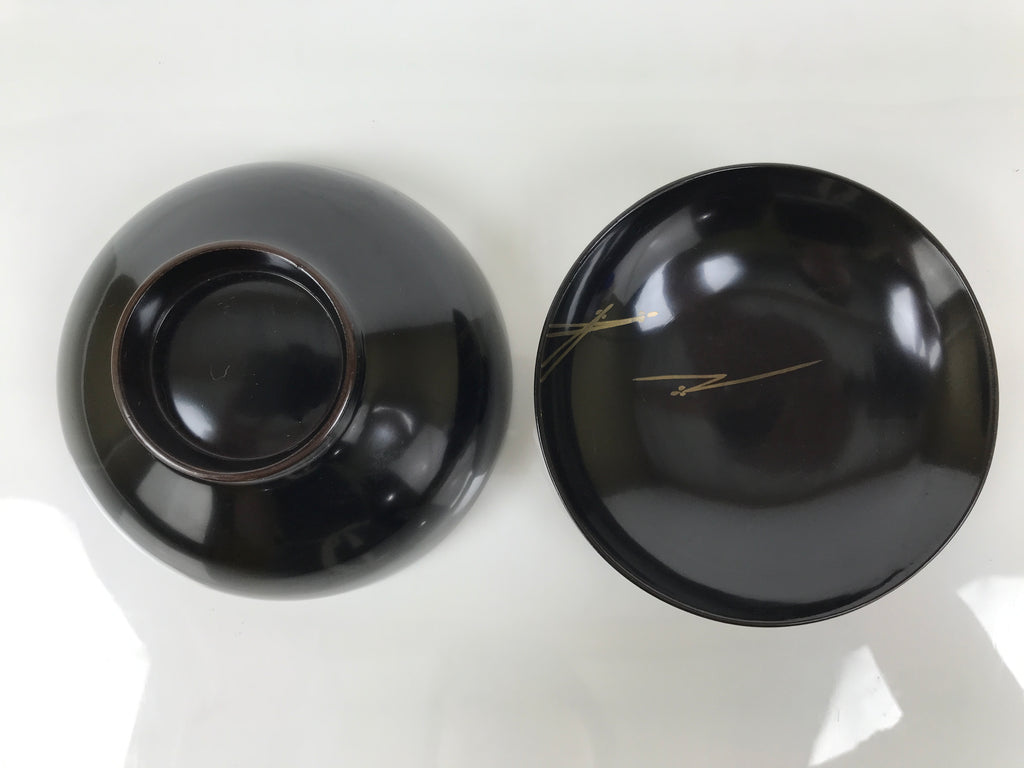 Japanese Lacquer Wood Lidded Bowl Owan Vtg Makie Black Gold Pinecone Needle LB17