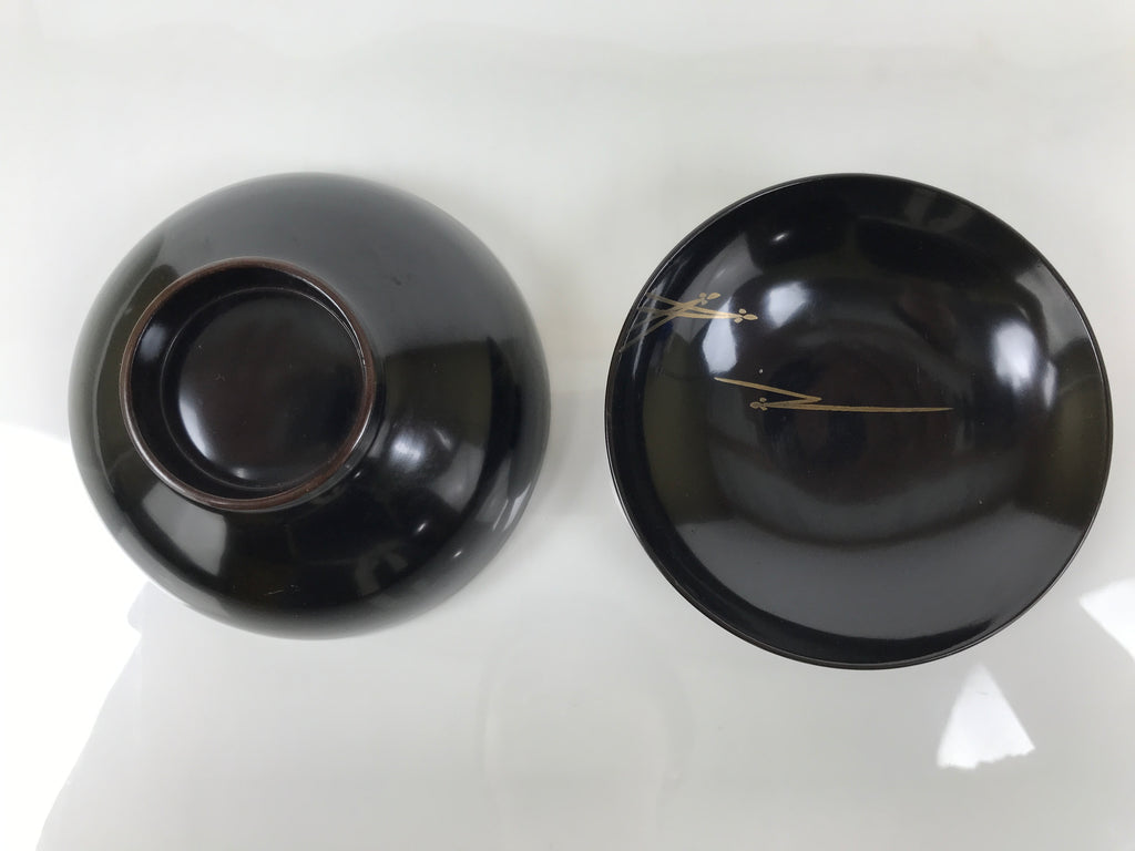 Japanese Lacquer Wood Lidded Bowl Owan Vtg Makie Black Gold Pinecone Needle LB17