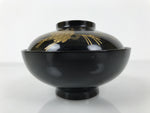 Japanese Lacquer Wood Lidded Bowl Owan Vtg Makie Black Gold Pinecone Needle LB172