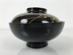 Japanese Lacquer Wood Lidded Bowl Owan Vtg Makie Black Gold Pinecone Needle LB172