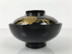 Japanese Lacquer Wood Lidded Bowl Owan Vtg Makie Black Gold Pinecone Needle LB173
