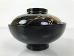 Japanese Lacquer Wood Lidded Bowl Owan Vtg Makie Black Gold Pinecone Needle LB173