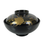 Japanese Lacquer Wood Lidded Bowl Owan Vtg Makie Black Gold Pinecone Needle LB173