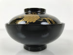 Japanese Lacquer Wood Lidded Bowl Owan Vtg Makie Black Gold Pinecone Needle LB174