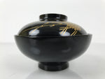 Japanese Lacquer Wood Lidded Bowl Owan Vtg Makie Black Gold Pinecone Needle LB174