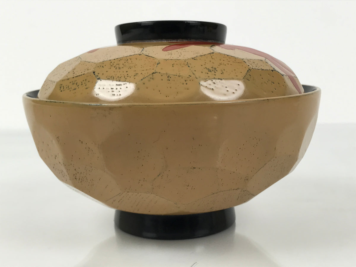 Japanese Lacquer Wood Lidded Bowl Owan Vtg Makie Dragonfly Black Brown Red LB166