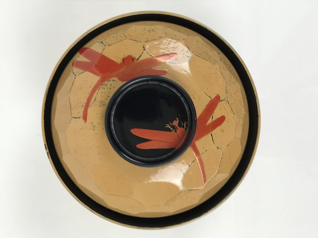 Japanese Lacquer Wood Lidded Bowl Owan Vtg Makie Dragonfly Black Brown Red LB166