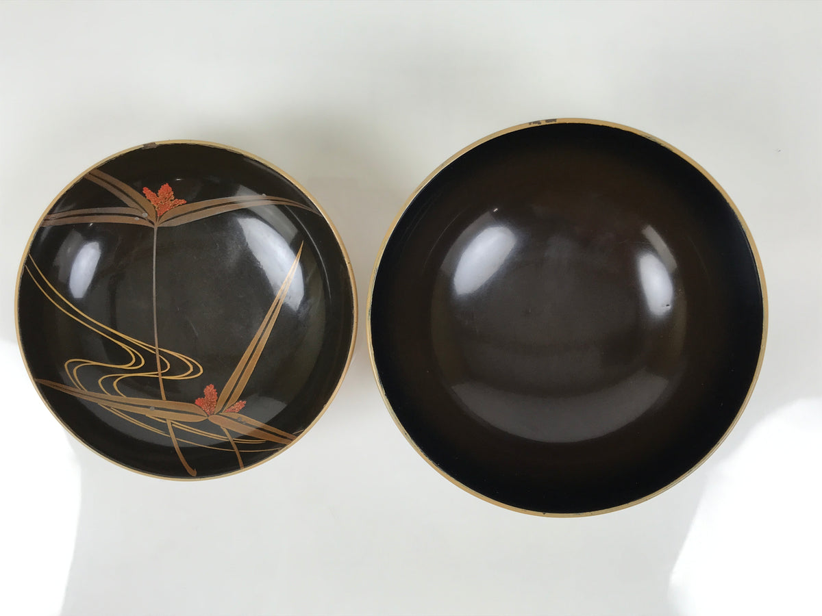 Japanese Lacquer Wood Lidded Bowl Owan Vtg Makie Dragonfly Black Brown Red LB166