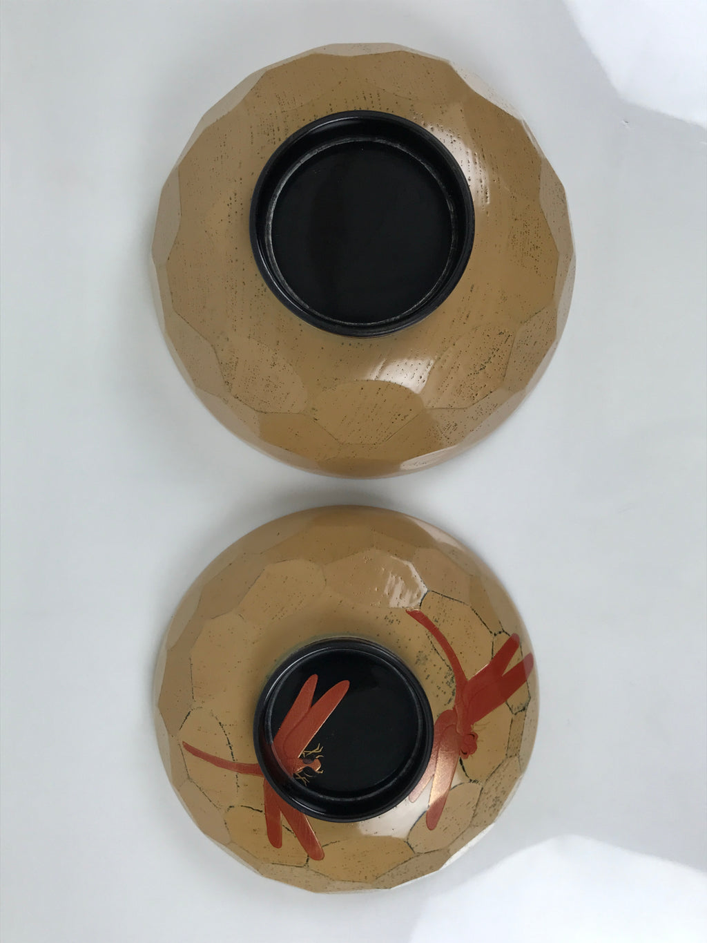 Japanese Lacquer Wood Lidded Bowl Owan Vtg Makie Dragonfly Black Brown Red LB166