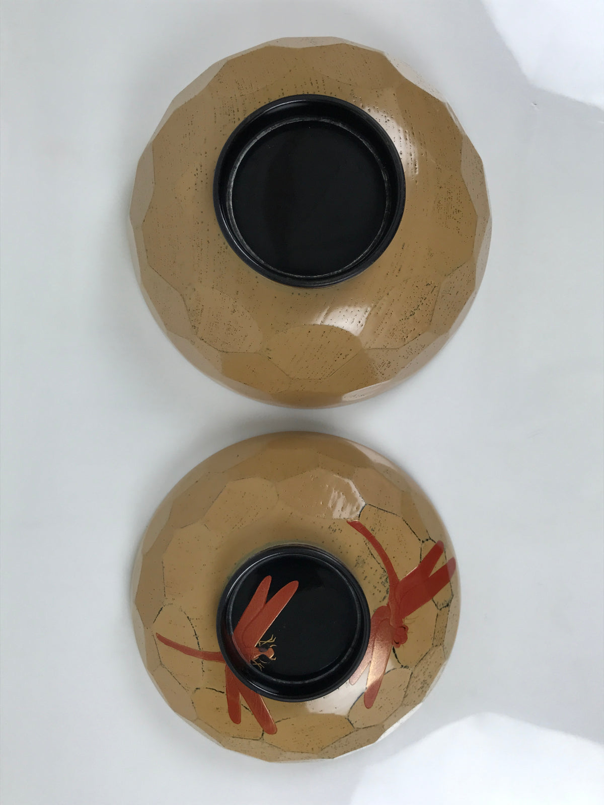 Japanese Lacquer Wood Lidded Bowl Owan Vtg Makie Dragonfly Black Brown Red LB166