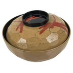 Japanese Lacquer Wood Lidded Bowl Owan Vtg Makie Dragonfly Black Brown Red LB166
