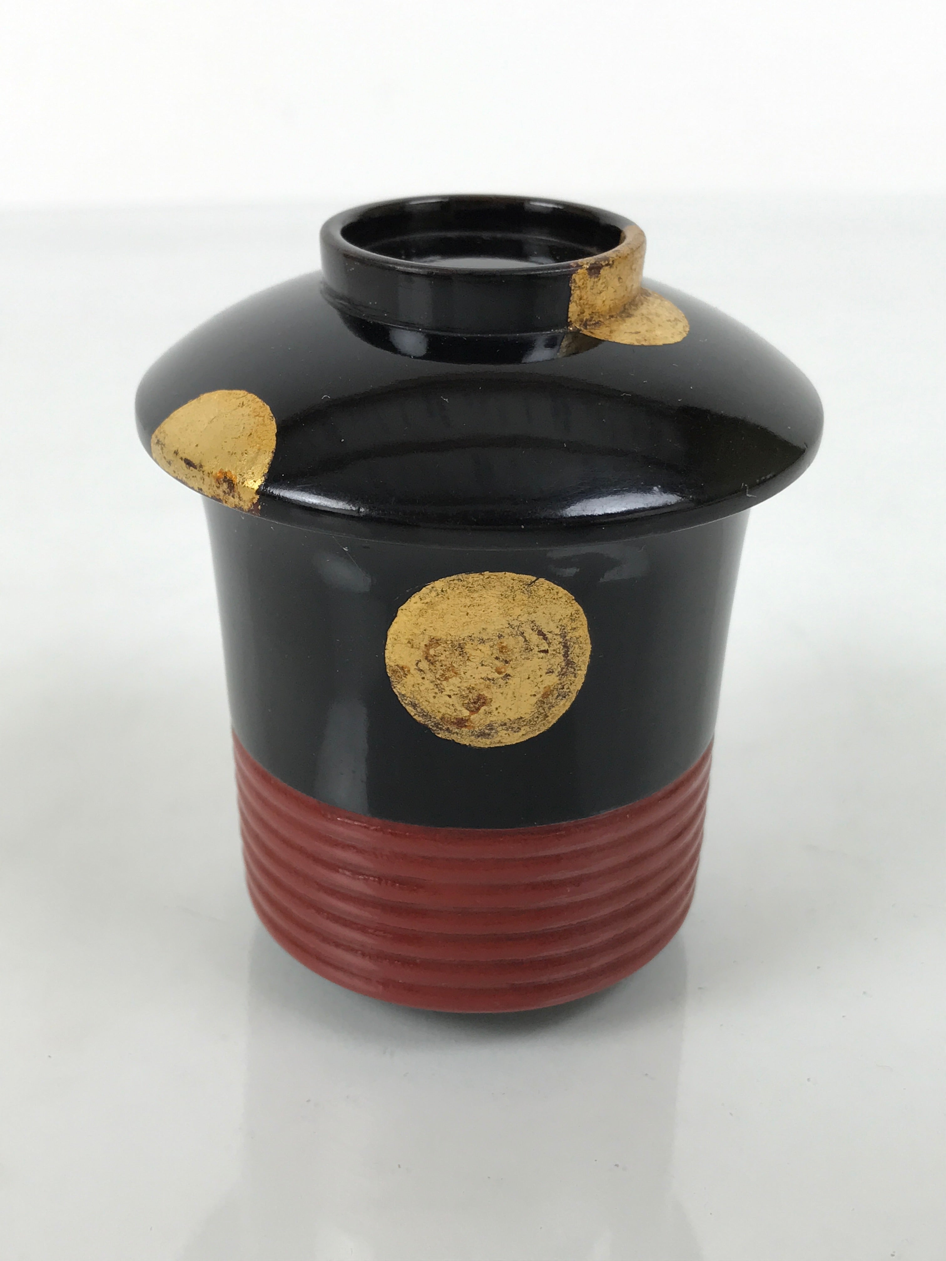 Japanese Lacquer Wood Lidded Small Kaiseki Bowl Makie Gold Dots Black Red L605
