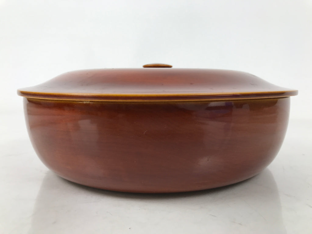 Japanese Lacquer Wood Lidded Tray Kashiki Vtg Shunkei-Nuri Round Brown LWB111