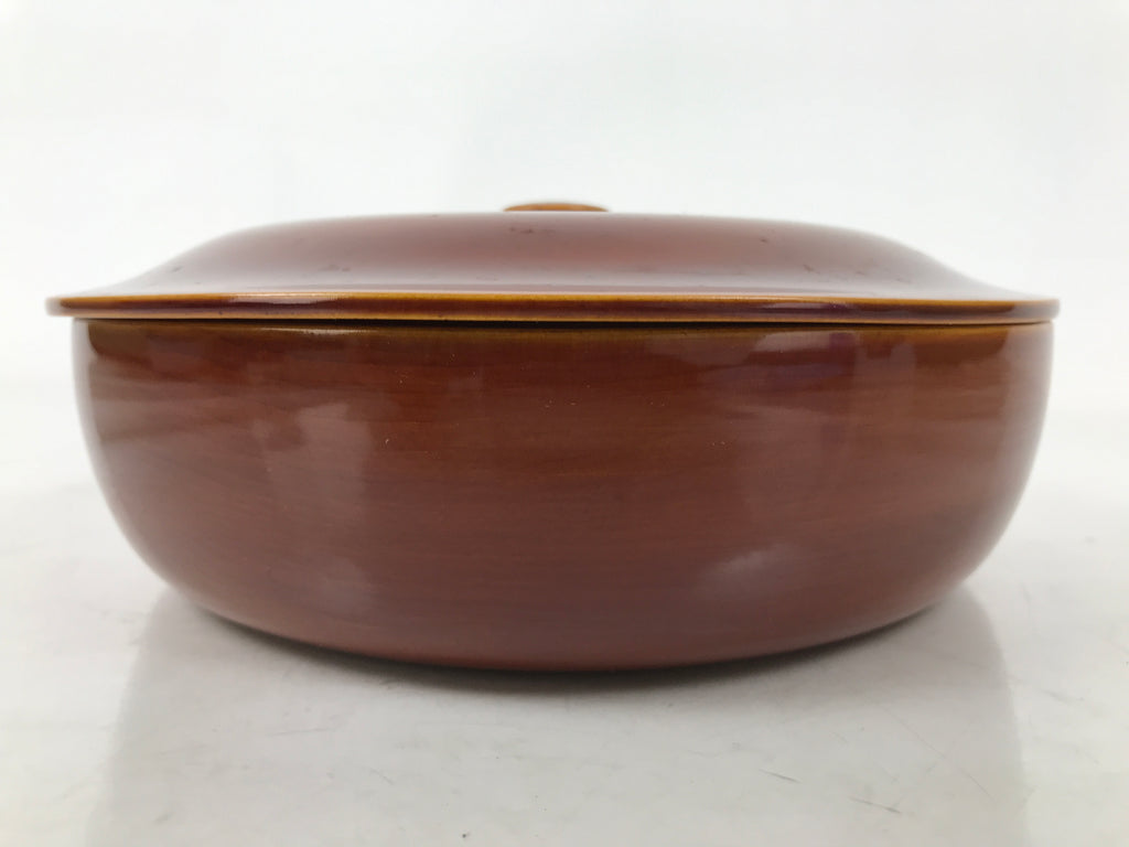 Japanese Lacquer Wood Lidded Tray Kashiki Vtg Shunkei-Nuri Round Brown LWB111