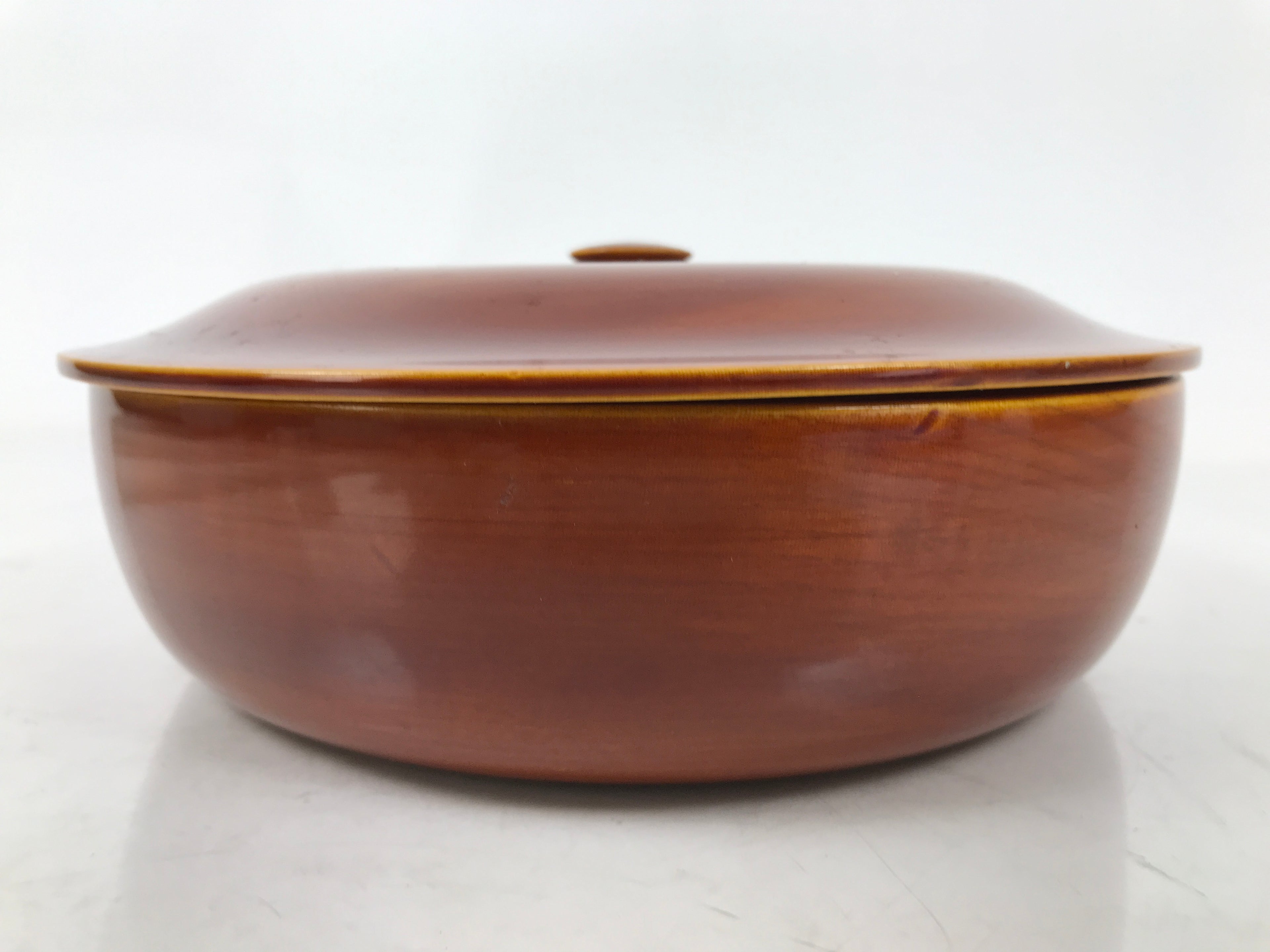 Japanese Lacquer Wood Lidded Tray Kashiki Vtg Shunkei-Nuri Round Brown LWB111