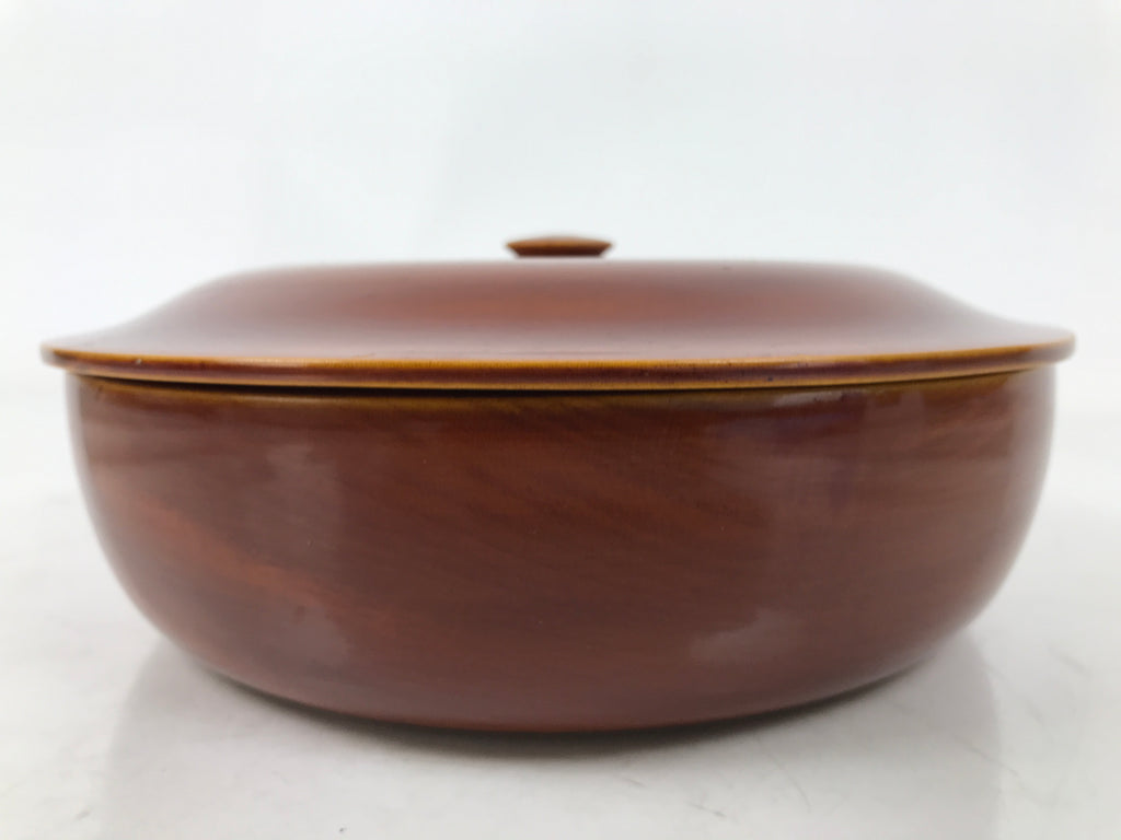 Japanese Lacquer Wood Lidded Tray Kashiki Vtg Shunkei-Nuri Round Brown LWB111