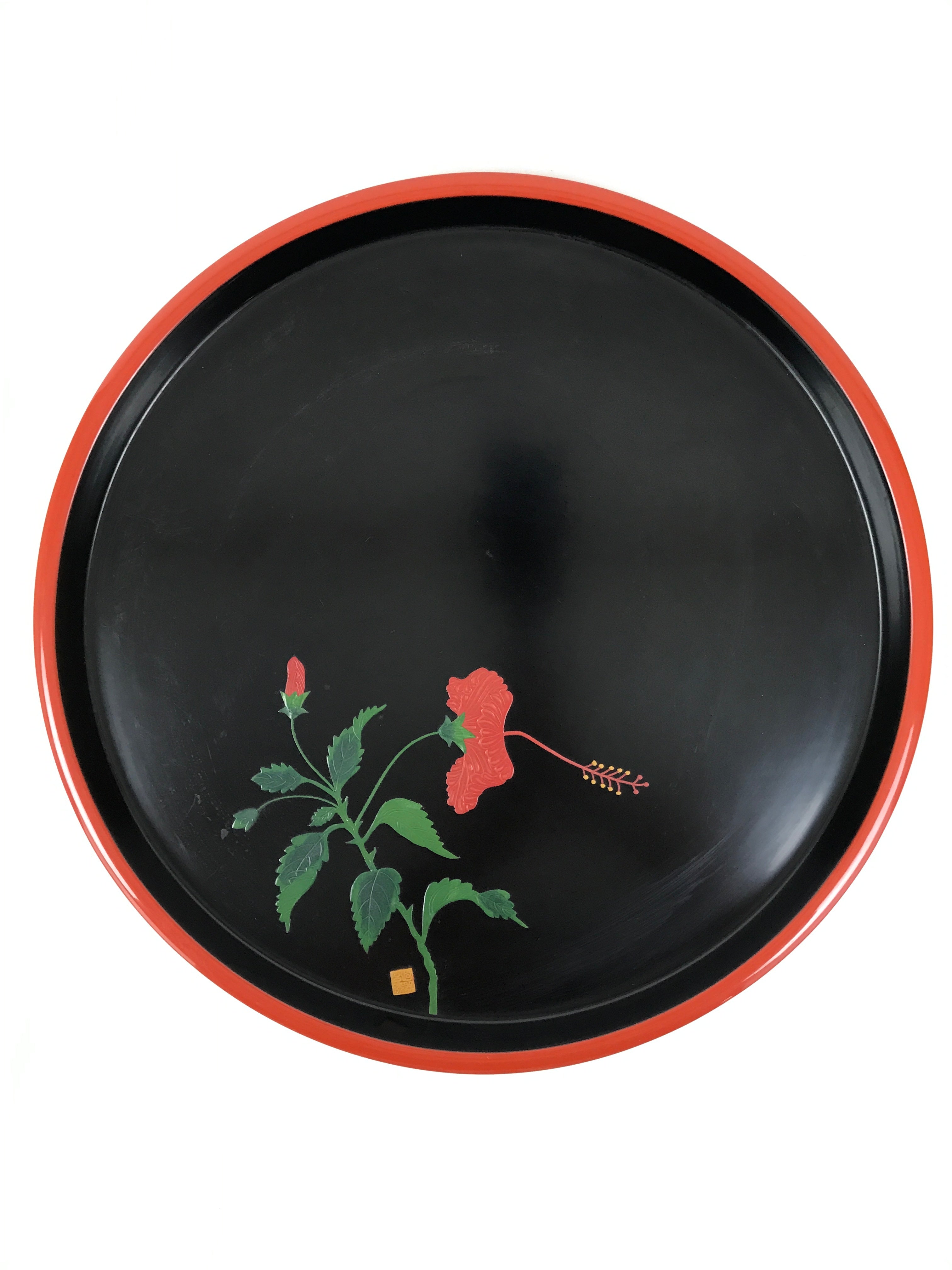 Japanese Lacquer Wood Serving Tray Vtg Miyazaki Shikki Hibiscus Round Black L547