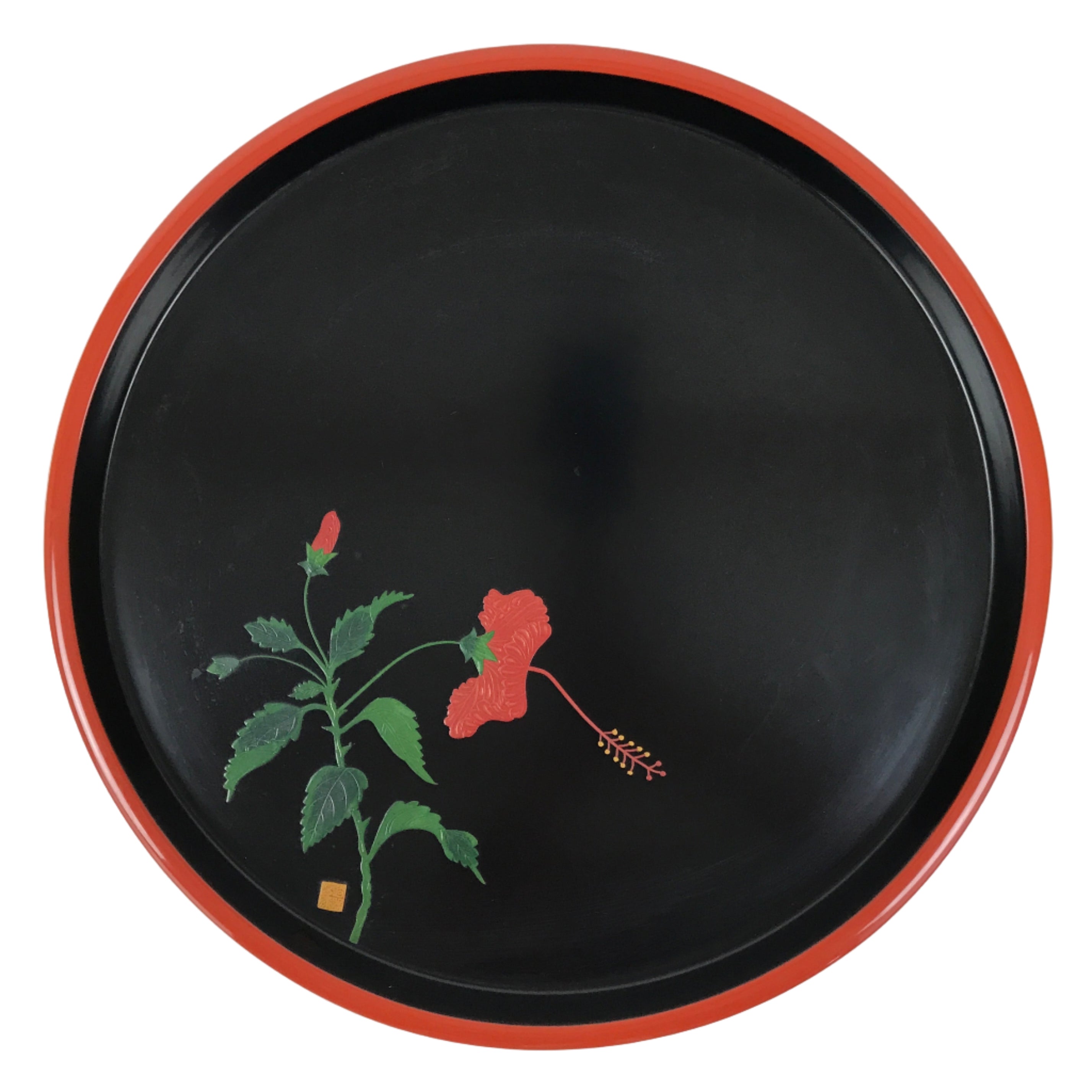 Japanese Lacquer Wood Serving Tray Vtg Miyazaki Shikki Hibiscus Round Black L547